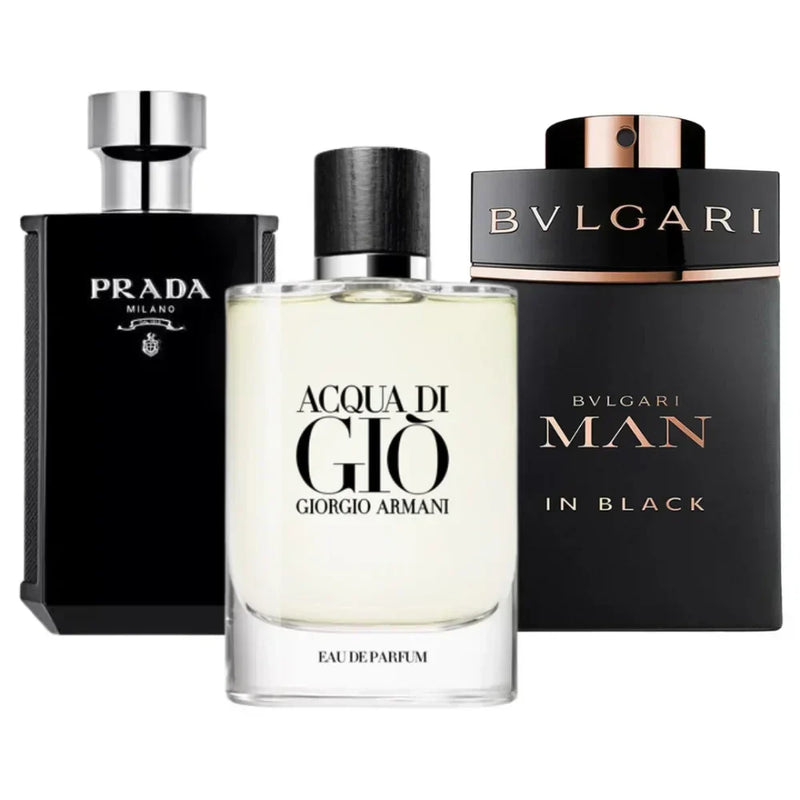 Bvlgari en noir, Giorgio Armani Acqua Di Gio, L'Homme Prada Intense