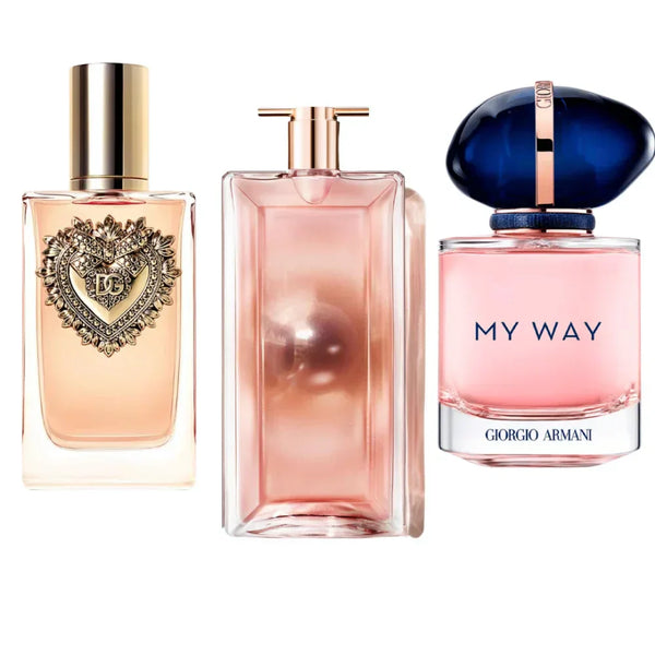 Dévotion de Dolce Gabbana, My Way de Giorgio Armani, Lâncôme Idôle