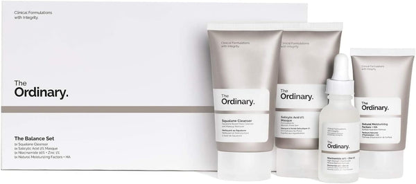 Coffret The Balance de The Ordinary – Coffret Beauté, Coffret Soins, Coffret Cadeau avec Nettoyant au Squalane, Masque à l'Acide Salicylique à 2%, Niacinamide à 10% et Zinc à 1% et Facteurs Hydratants Naturels et HA (Coffret 4 Pièces)