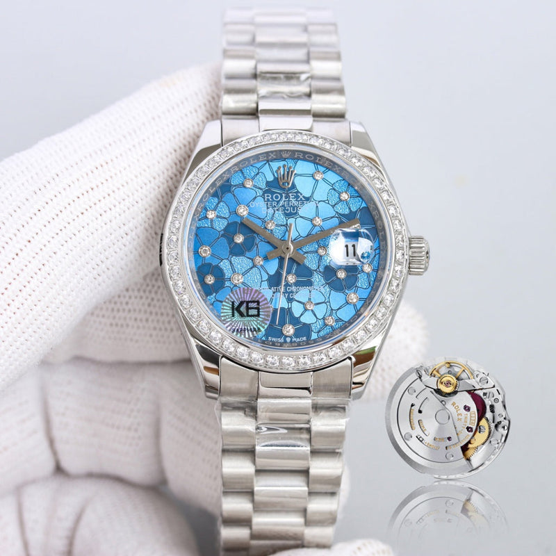 Rolex Oyster Datejust  Blue Floral Feminino Automático